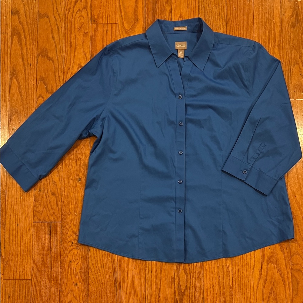 Chico's Deep Blue Collared Shirt 3/4 sleeves women’s 3 US 16 XL
